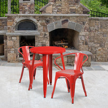 Load image into Gallery viewer, 24" Round Red Metal Indoor-Outdoor Table Set with 2 Arm Chairs