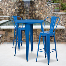 Load image into Gallery viewer, 30" Round Blue Metal Indoor-Outdoor Bar Table Set with 2 Cafe Stools