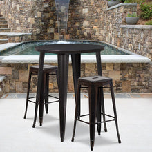 Load image into Gallery viewer, 30" Round Black-Antique Gold Metal Indoor-Bar Table Set with 2 Seat Stools