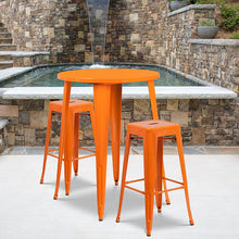 Load image into Gallery viewer, 30" Round Orange Metal Indoor-Outdoor Bar Table Set with 2 Seat Backless Stools