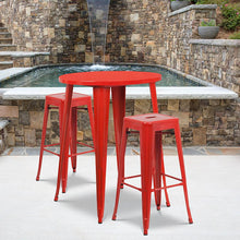 Load image into Gallery viewer, 30" Round Red Metal Indoor-Outdoor Bar Table Set with 2 Seat Backless Stools