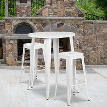 Load image into Gallery viewer, 30" Round White Metal Indoor-Outdoor Bar Table Set with 2 Seat Backless Stools