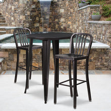Load image into Gallery viewer, 30" Black-Antique Gold Metal Bar Table Set with 2 Vertical Slat Back Stools