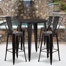Load image into Gallery viewer, 30" Round Black-Antique Gold Metal Indoor-Bar Table Set with 4 Cafe Stools