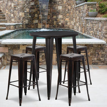 Load image into Gallery viewer, 30" Round Black-Antique Gold Metal Indoor-Bar Table Set with 4 Seat Stools