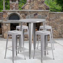 Load image into Gallery viewer, 30" Round Silver Metal Indoor-Outdoor Bar Table Set with 4 Seat Backless Stools