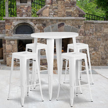 Load image into Gallery viewer, 30" Round White Metal Indoor-Outdoor Bar Table Set with 4 Seat Backless Stools