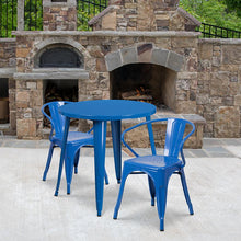 Load image into Gallery viewer, 30" Round Blue Metal Indoor-Outdoor Table Set with 2 Arm Chairs