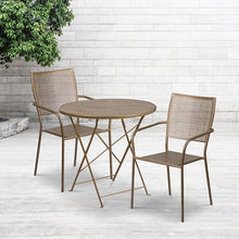 Load image into Gallery viewer, 30" Round Gold Indoor-Outdoor Steel Folding Patio Table Set with 2 Back Chairs