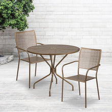 Load image into Gallery viewer, 35.25" Round Gold Indoor-Outdoor Steel Patio Table Set with 2 Square Back Chairs