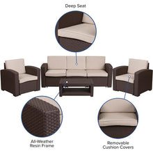 Load image into Gallery viewer, 4 Piece Outdoor Faux Rattan Chair, Sofa and Table Set in Seneca Chocolate Brown