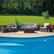 Load image into Gallery viewer, 5 Piece Outdoor Faux Rattan Chair, Sofa and Table Set in Seneca Chocolate Brown