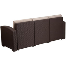 Load image into Gallery viewer, Chocolate Brown Faux Rattan Sofa with All-Weather Beige Cushions