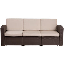 Load image into Gallery viewer, Chocolate Brown Faux Rattan Sofa with All-Weather Beige Cushions