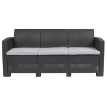 Load image into Gallery viewer, Dark Gray Faux Rattan Sofa with All-Weather Seneca Light Gray Cushions