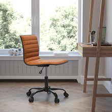 Load image into Gallery viewer, Low Back Armless Brown Ribbed Swivel Task Office Chair with Black Frame and Base
