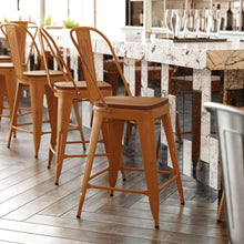 Load image into Gallery viewer, 24" High Orange Metal Indoor-Counter Height Stool with Teak Poly Resin Wood Seat