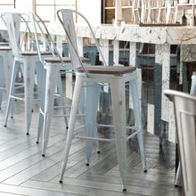 Load image into Gallery viewer, 30" High Green-Blue Metal Indoor-Outdoor Barstool with Gray Poly Resin Wood Seat