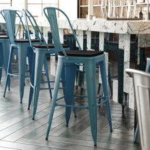 Load image into Gallery viewer, 30" High Kelly Blue-Teal Metal Indoor-Barstool with Black Poly Resin Wood Seat