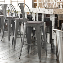 Load image into Gallery viewer, 30" High Silver Gray Metal Indoor-Barstool with Gray Poly Resin Wood Seat