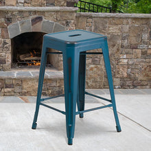 Load image into Gallery viewer, 24" High Distressed Antique Blue Metal Indoor-Outdoor Counter Height Stool