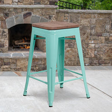 Load image into Gallery viewer, 24" High Backless Mint Green Counter Height Stool with Square Wood Seat