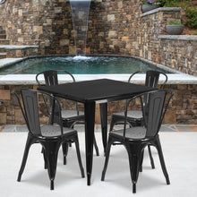 Load image into Gallery viewer, 31.5" Square Black Metal Indoor-Outdoor Table Set with 4 Stack Chairs