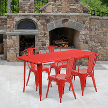 Load image into Gallery viewer, 31.5" x 63" Rectangular Red Metal Indoor-Outdoor Table Set with 4 Stack Chairs