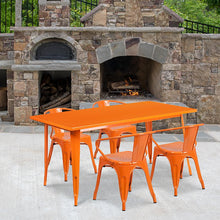 Load image into Gallery viewer, 31.5" x 63" Rectangular Orange Metal Indoor-Outdoor Table Set with 4 Arm Chairs