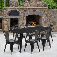 Load image into Gallery viewer, 1.5" x 63" Rectangular Black Metal Indoor-Outdoor Table Set with 6 Stack Chairs