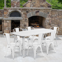 Load image into Gallery viewer, 1.5" x 63" Rectangular White Metal Indoor-Outdoor Table Set with 6 Stack Chairs