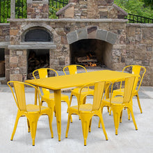 Load image into Gallery viewer, 1.5" x 63" Rectangular Yellow Metal Indoor-Outdoor Table Set with 6 Stack Chairs