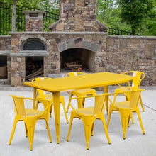 Load image into Gallery viewer, 31.5" x 63" Rectangular Yellow Metal Indoor-Outdoor Table Set with 6 Arm Chairs