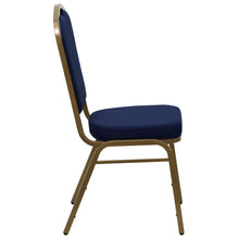 Load image into Gallery viewer, Crown Back Stacking Banquet Chair in Navy Blue Patterned Fabric - Gold Frame