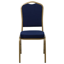 Load image into Gallery viewer, Crown Back Stacking Banquet Chair in Navy Blue Patterned Fabric - Gold Frame