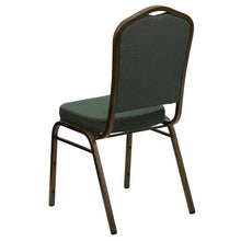 Load image into Gallery viewer, Crown Back Stacking Banquet Chair in Green Patterned Fabric - Gold Vein Frame
