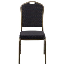 Load image into Gallery viewer, Crown Back Stacking Banquet Chair in Black Patterned Fabric - Gold Vein Frame