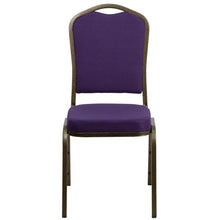 Load image into Gallery viewer, Crown Back Stacking Banquet Chair in Purple Fabric - Gold Vein Frame