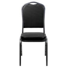 Load image into Gallery viewer, Crown Back Stacking Banquet Chair in Black Vinyl - Silver Vein Frame