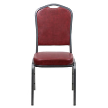 Load image into Gallery viewer, Crown Back Stacking Banquet Chair in Burgundy Vinyl - Silver Vein Frame