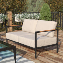 Load image into Gallery viewer, Patio Loveseat with Cushions with Teak Accent Arms, Black with Beige Cushions