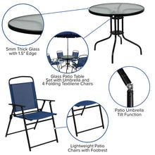 Load image into Gallery viewer, 6 Piece Navy Patio Garden Set with Umbrella Table and Set of 4 Folding Chairs