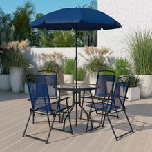 Load image into Gallery viewer, 6 Piece Navy Patio Garden Set with Umbrella Table and Set of 4 Folding Chairs