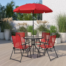 Load image into Gallery viewer, 6 Piece Red Patio Garden Set with Umbrella Table and Set of 4 Folding Chairs