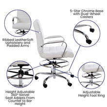 Load image into Gallery viewer, Mid-Back White Drafting Chair with Adjustable Foot Ring and Chrome Base