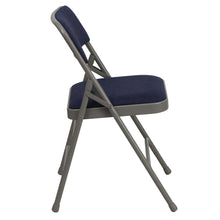 Load image into Gallery viewer, HERCULES Series Curved Triple Braced & Double Hinged Navy Fabric Metal Folding Chair