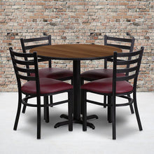 Load image into Gallery viewer, 36'' Walnut Table Set with X-Base and 4 Metal Chairs - Burgundy Vinyl Seat