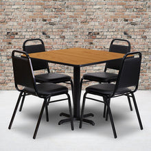 Load image into Gallery viewer, 36'' Natural Table Set with X-Base and 4 Black Trapezoidal Back Banquet Chairs