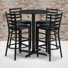 Load image into Gallery viewer, 30'' Black Table Set with X-Base and 4 Metal Barstools - Black Vinyl Seat