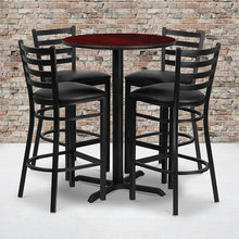 Load image into Gallery viewer, 30'' Mahogany Table Set with X-Base and 4 Metal Barstools - Black Vinyl Seat